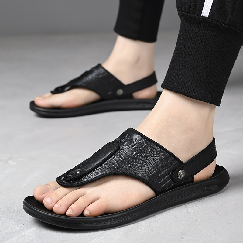 Crocodile Pattern Casual Sandals for Men, Trendy 2026 Summer New Men's Sandals, Outdoor Genuine Leather Flip-Flops for Men