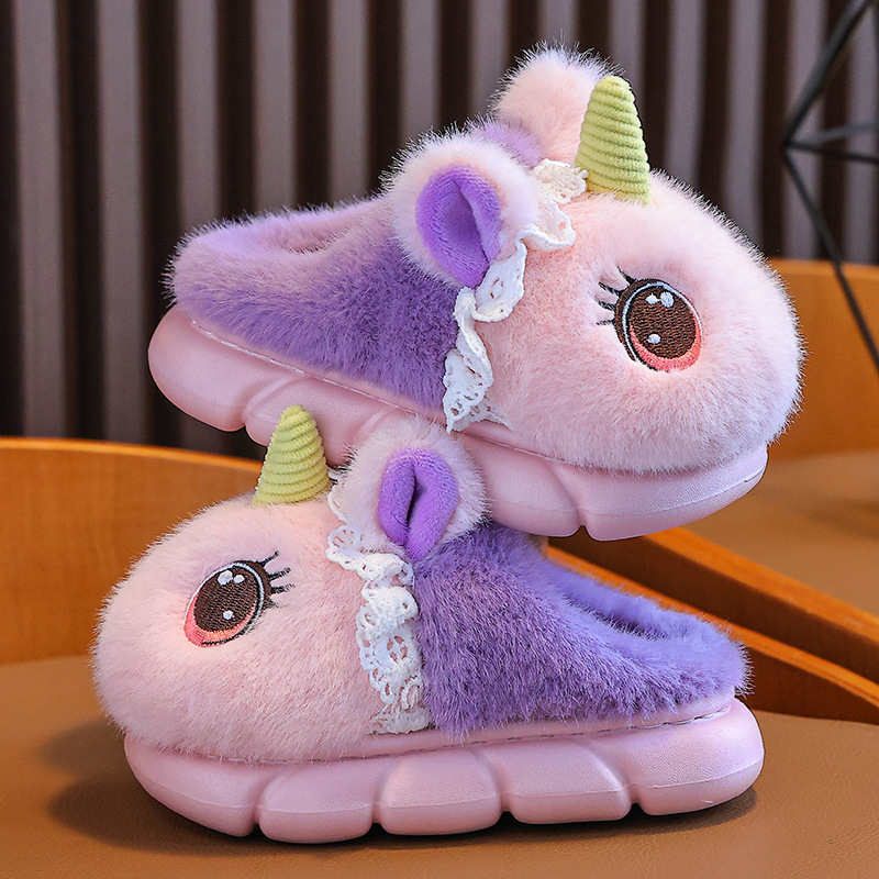 Unicornio zapatillas de algodón para niños de invierno para niñas con peluche cálido en el hogar zapatillas de peluche de interior para niños pequeños