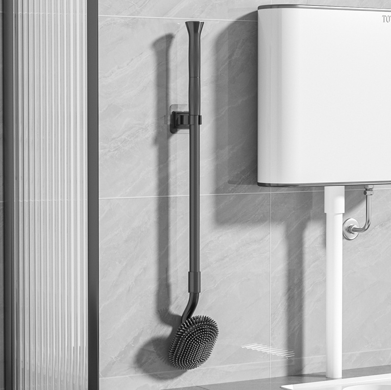 Cepillo de inodoro, mango de acero, cepillo de inodoro de mango largo retráctil, cepillo de plástico TPR, cepillo de limpieza de codo S, juego de succión de inodoro de pared