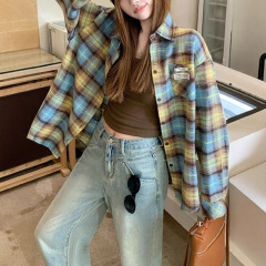 韩系撞色格子衬衫外套女秋季宽松慵懒风长袖衬衣开衫上衣