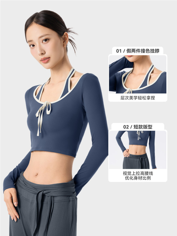 假两件挂脖长袖瑜伽服女固定杯短款运动上衣撞色包边百搭健身上衣|undefined