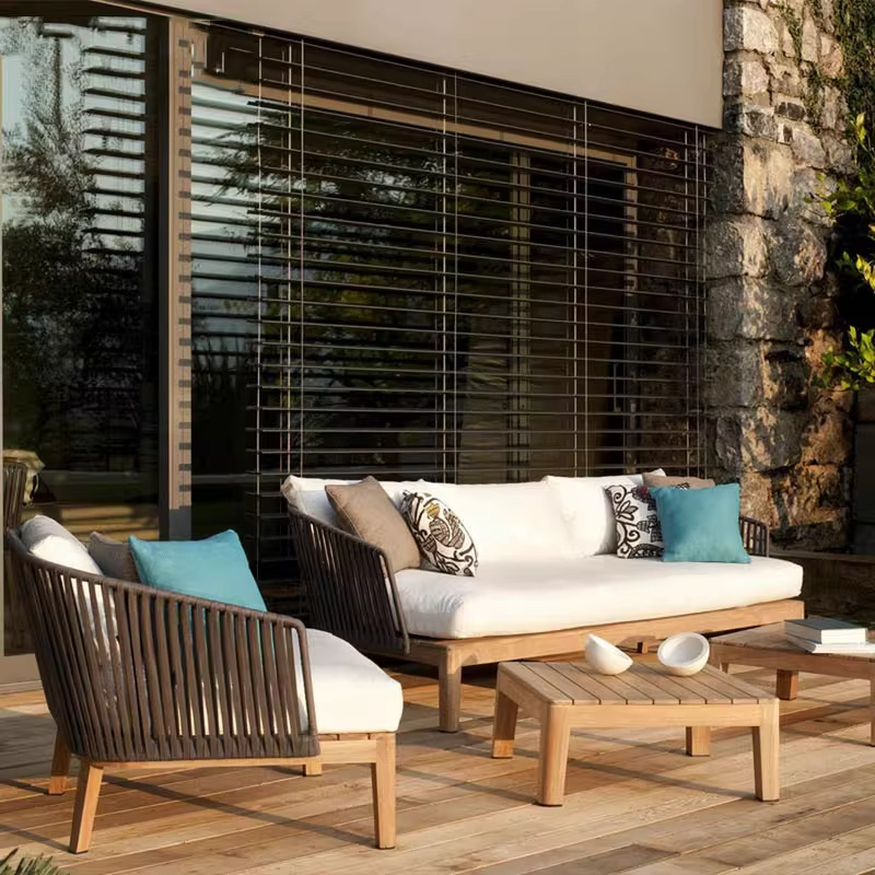 Nórdico al aire libre sofá simple nuevo sofá de madera sólida pie de caña mesa de té hotel villa sala modelo combinación