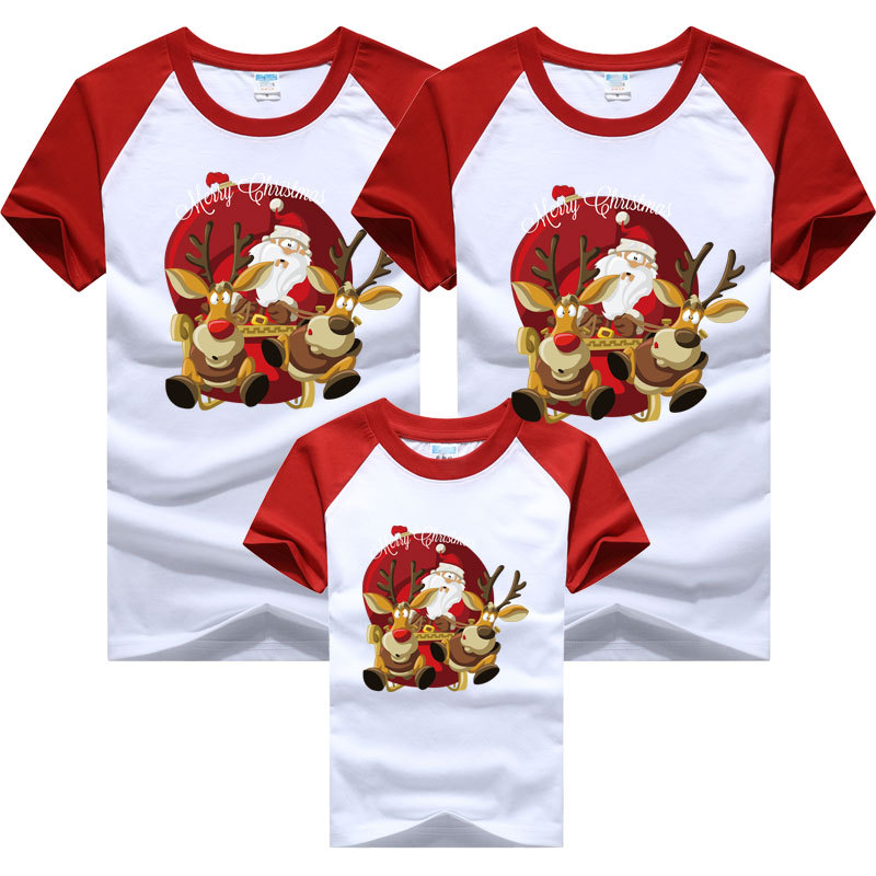 Camiseta de manga corta para padres e hijos 2024 Navidad árbol de Navidad ropa para niños europeos y americanos cuello redondo manga raglán color a juego superior