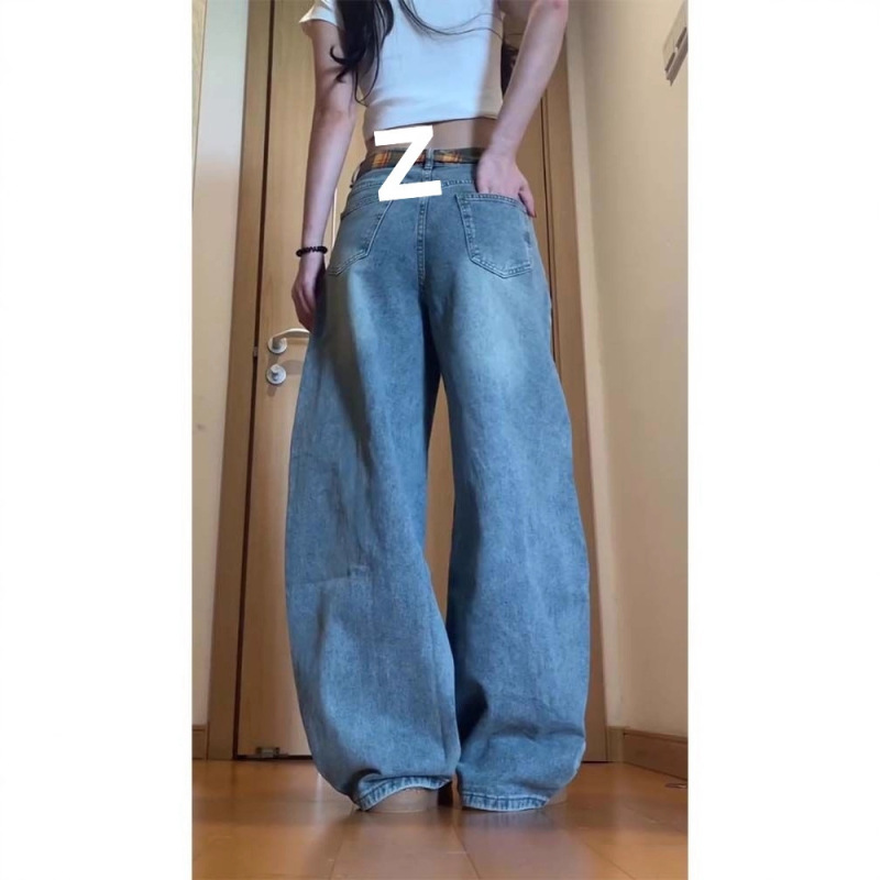 牛仔裤女秋季vibe风蘑菇图案毛巾绣阔腿裤设计感格纹腰带弯刀裤潮|undefined