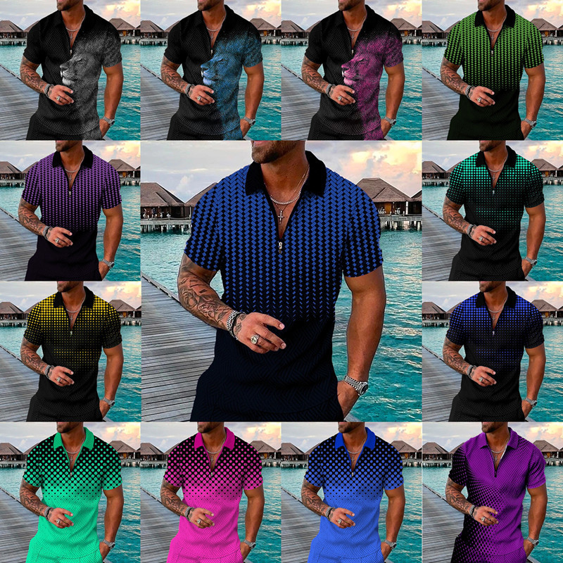 Cross-border AliExpress Wis independent station summer men's printed casual golf zipper short-sleeved T-shirt polo shirt