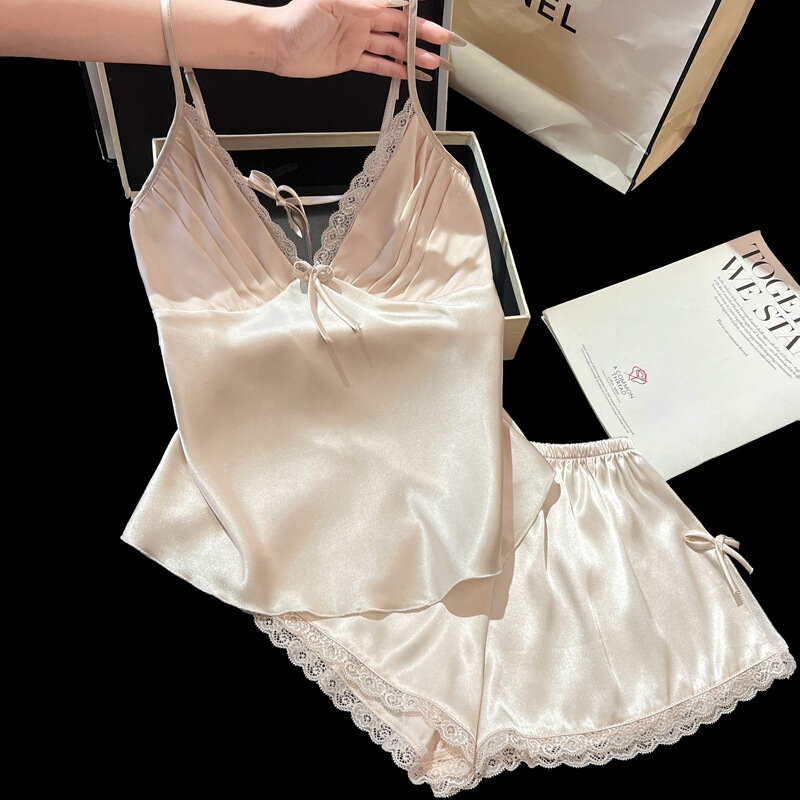 2025 New Sexy Pajamas Women's Suspender Shorts Suit Imitation Silk Soft Fabric Sweet Pure Desire Home