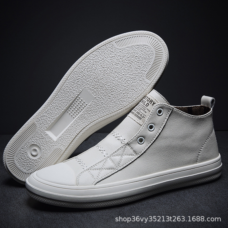 Genuine leather men's high-top breathable sneakers white shoes versatile casual Korean style trendy men's shoes (white cotton shoes)