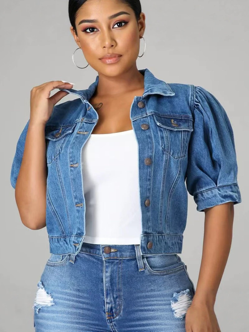 Amazon Denim Jacket for Women Hot-Selling New Style Denim Jacket Short-Sleeved European and American Style Fashion Retro Denim Outerwear Cross-Border