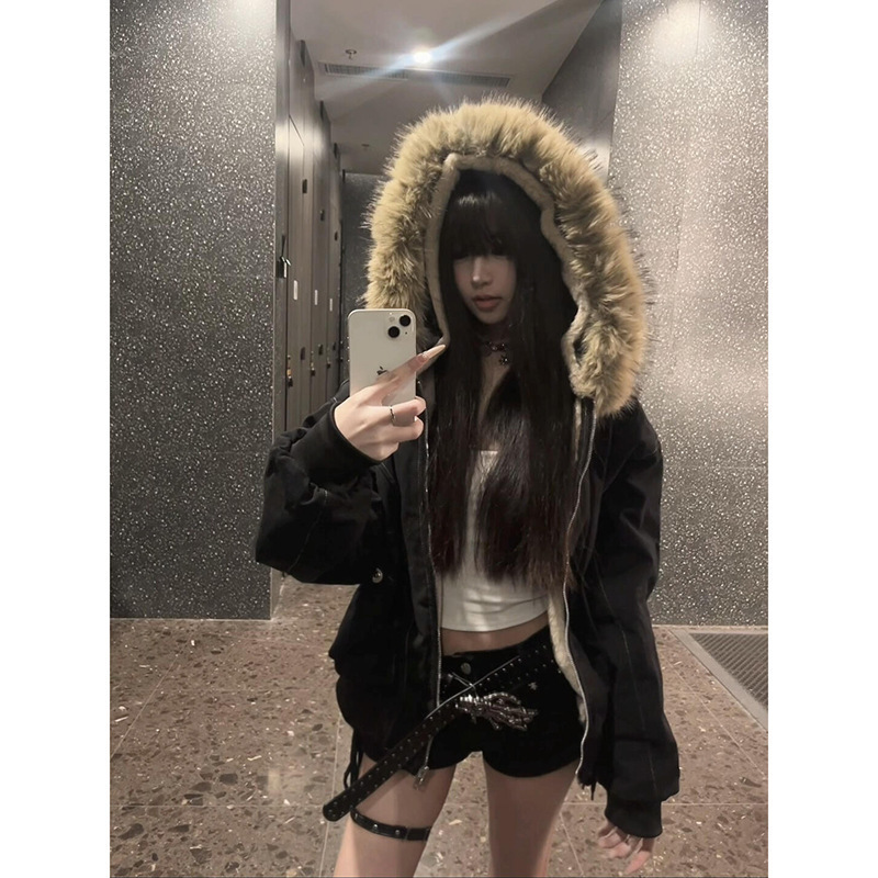 黑色显瘦毛领连帽长袖卫衣女2025秋季美式高街慵懒风外套开衫上衣|undefined