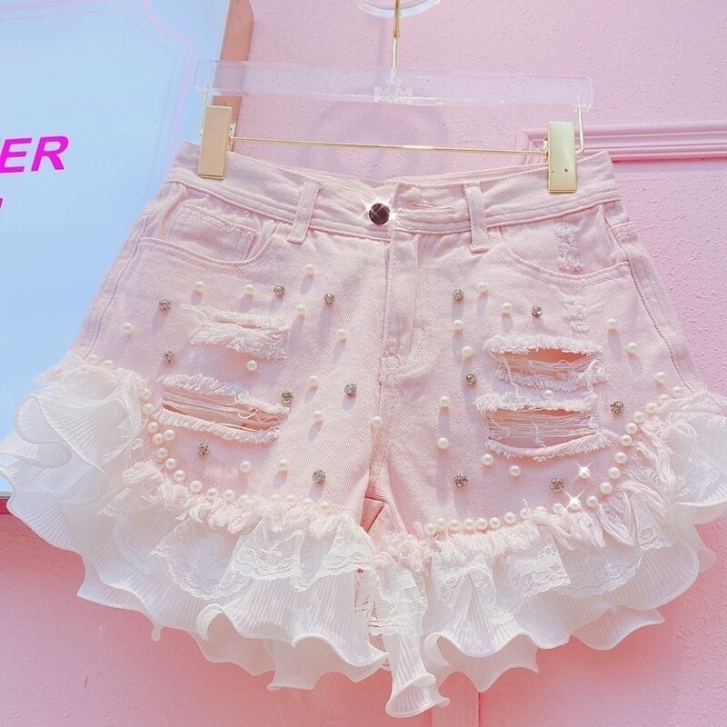 New Style Heavy-Duty Beaded and Rhinestone-Embellished Denim Shorts with Lace Chiffon Trim, Slim-Fit Versatile Shorts【