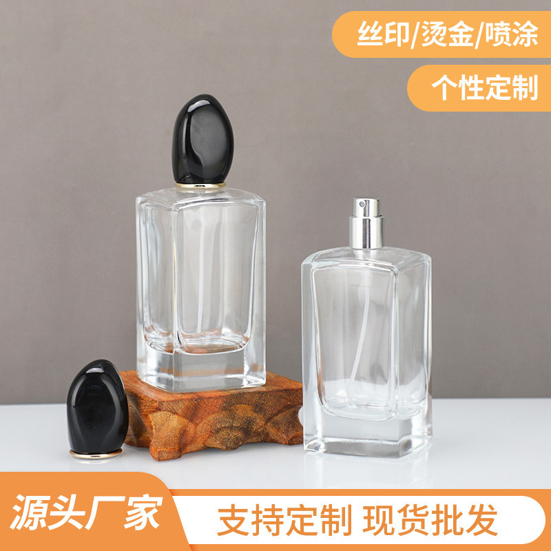 工厂批发按压香水瓶方形液体分装玻璃瓶透明晶白料玻璃香水瓶