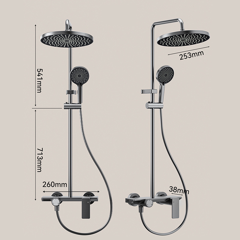 Conjunto de ducha completo con interruptor de perilla de aluminio espacial, color gris plomo, diseño redondo y oculto.