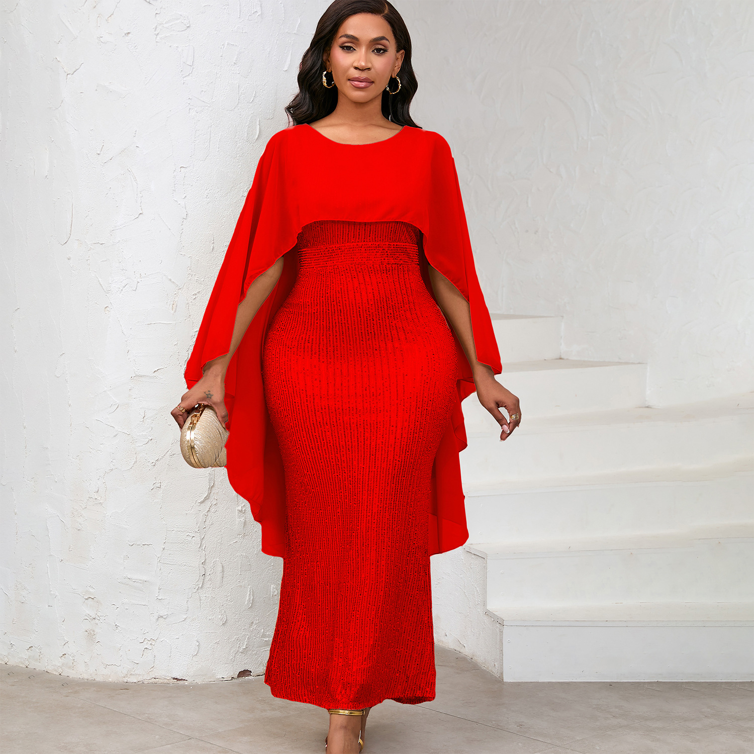 Women's Spring New Fashion Chiffon Cloak Sequins Buttocks Long Dress Banquet Party Dress_ecoleips.com