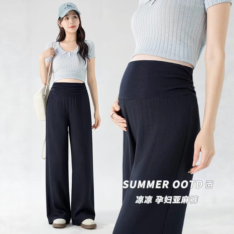Summer Maternity Linen Wide-Leg Pants for Outerwear, No Belly Support, High-Waisted, Cool, Breathable, Loose-Fitting, Versatile Maternity Pants Summer Maternity Linen Wide-Leg Pants for Outerwear, No Belly Support, High-Waisted, Cool, Breathable, Loose-Fitting, Versatile Maternity Pants