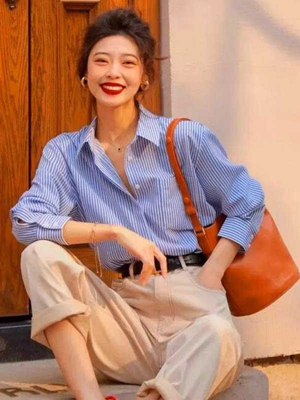 哥家商场同款女装2025早秋新款蓝色条纹衬衫女法式时尚高端衬衣|undefined