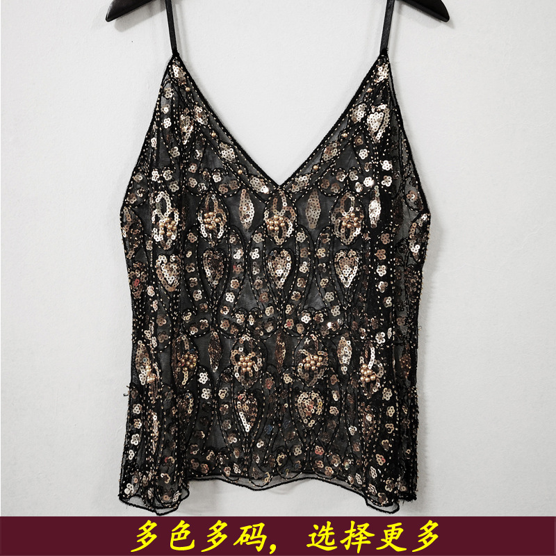 夏季亮片钉珠吊带内搭性感显瘦短款V领背心女洋气优雅跨境亚马逊