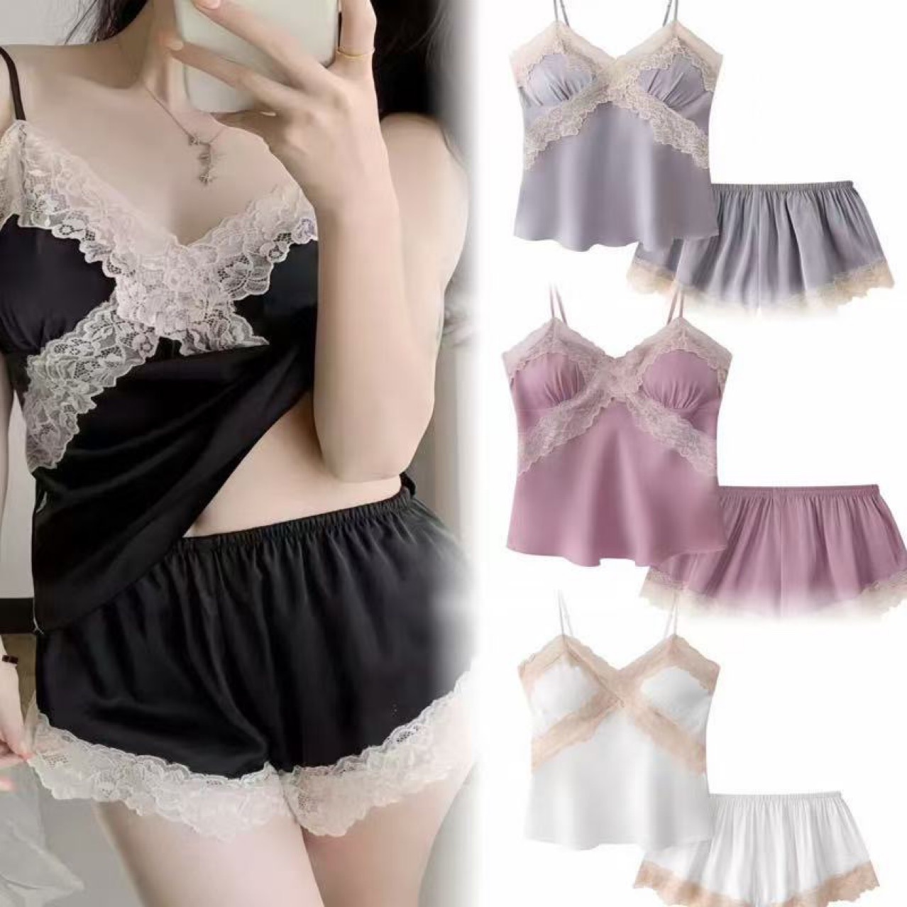 New Sexy Pajamas Women's Ice Silk Thin French Style Sling Nightgown Nightgown Pure Desire Style Home Clothes suit with Chest Pad