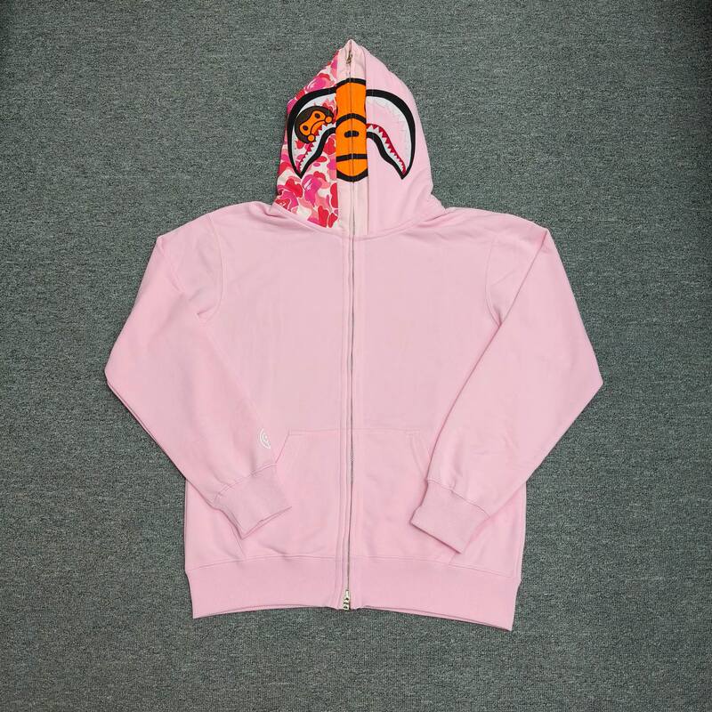 Cross-Border Ins Super Popular Export Shark Head Double Cap Black Pink Sweatshirt Men's and Women's Cardigan Zipper Trendy Brand Couple Jacket
