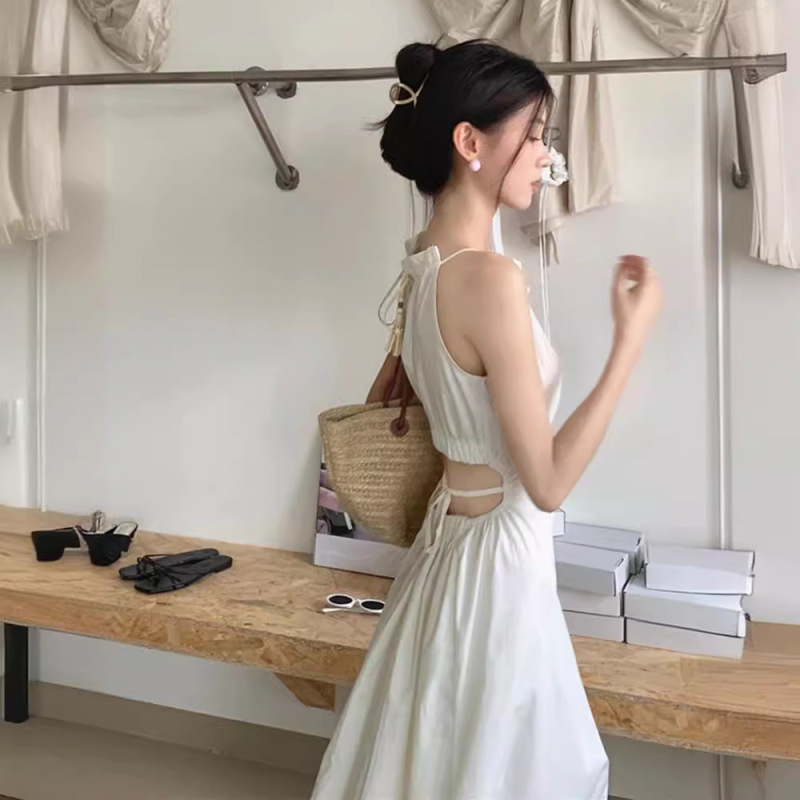 Hollow Back Tassel Suspender Halter Dress Women's Summer Design Waist Strap Skirt A-Line Mid-Length Skirt