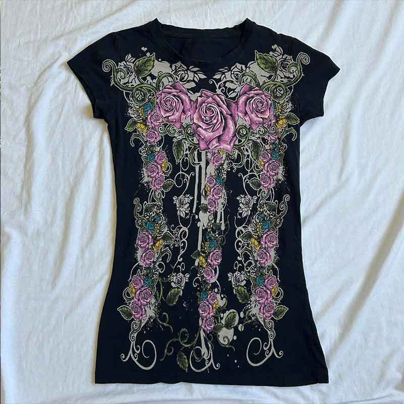 Summer Women's Dark Gothic Style Skull Print Slim-Fit Short-Sleeve T-Shirt Top Cross-Border Wholesale Emo