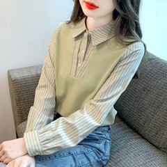 2025 秋と冬の新偽ツーピースストライプシャツ女性の長袖ニットレディースシャツルーズトップファッショナブル