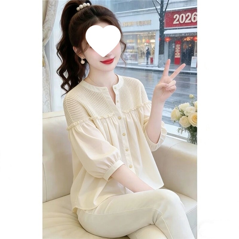 2026 Summer New Style Gentle and Sweet Women's Shirt with Mid-Sleeves, Fashionable and Age-Reducing, Pleated, Loose Fit, Slimming Top