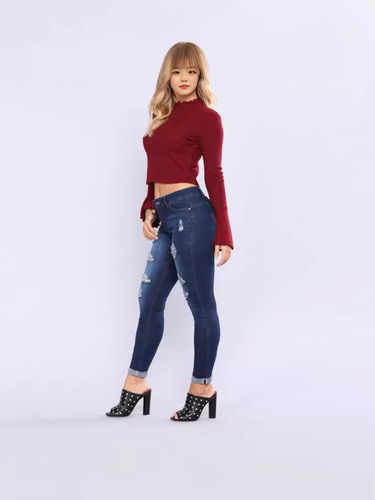 European and American-style high-waisted ripped stretch-fit jeans for women—tight-fitting