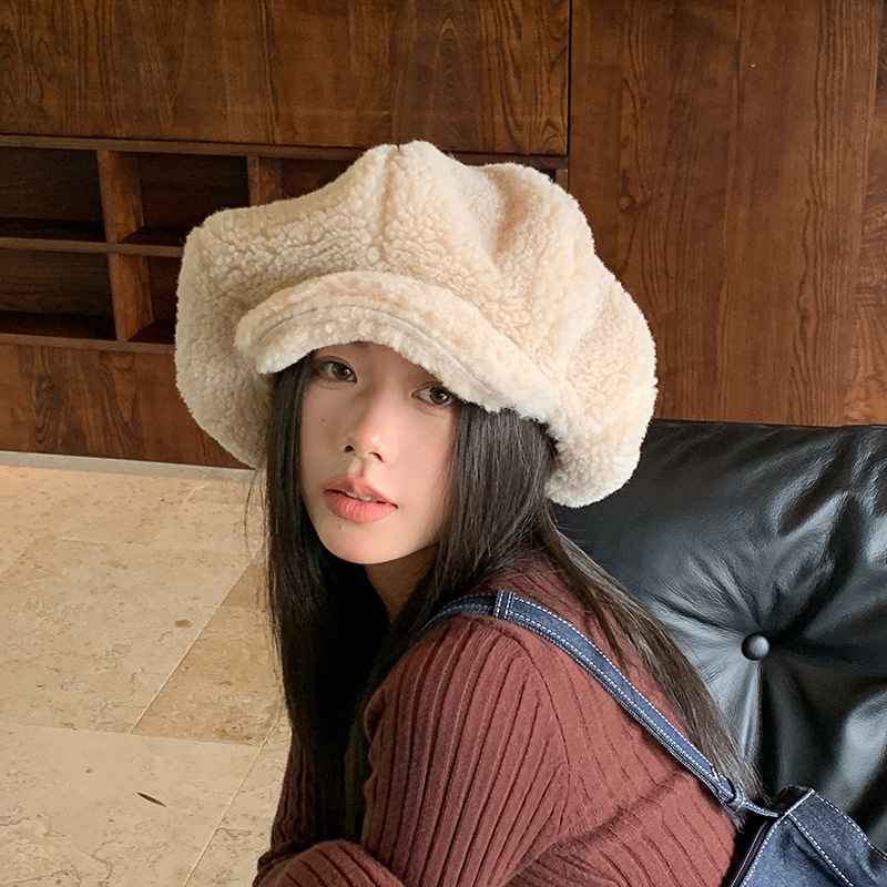 Lamb Wool Beret Women Autumn Winter Warm Octagonal Fashion Hat_voghion.com