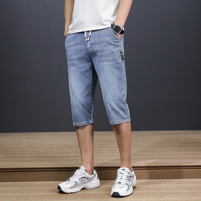 Summer Black and Grey Denim Shorts Men's Capri Pants Korean Style Slim-Fit Men's Drawstring Stamped Waist Summer Thin breeches