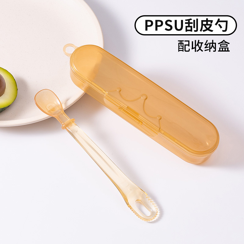 PPSU cuchara de barro de raspado de doble cabeza cuchara de barro de frutas para bebés cucharas de cubierta cucharas de alimentación de silicona raspadora