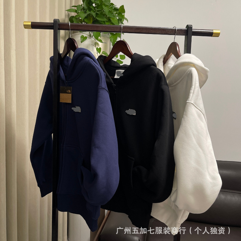 Cross-Border Factory Direct Sales North Face Style Fleece-Lined Thickened Unisex Hooded Zip-Up 500g Winter Men's Sweatshirt