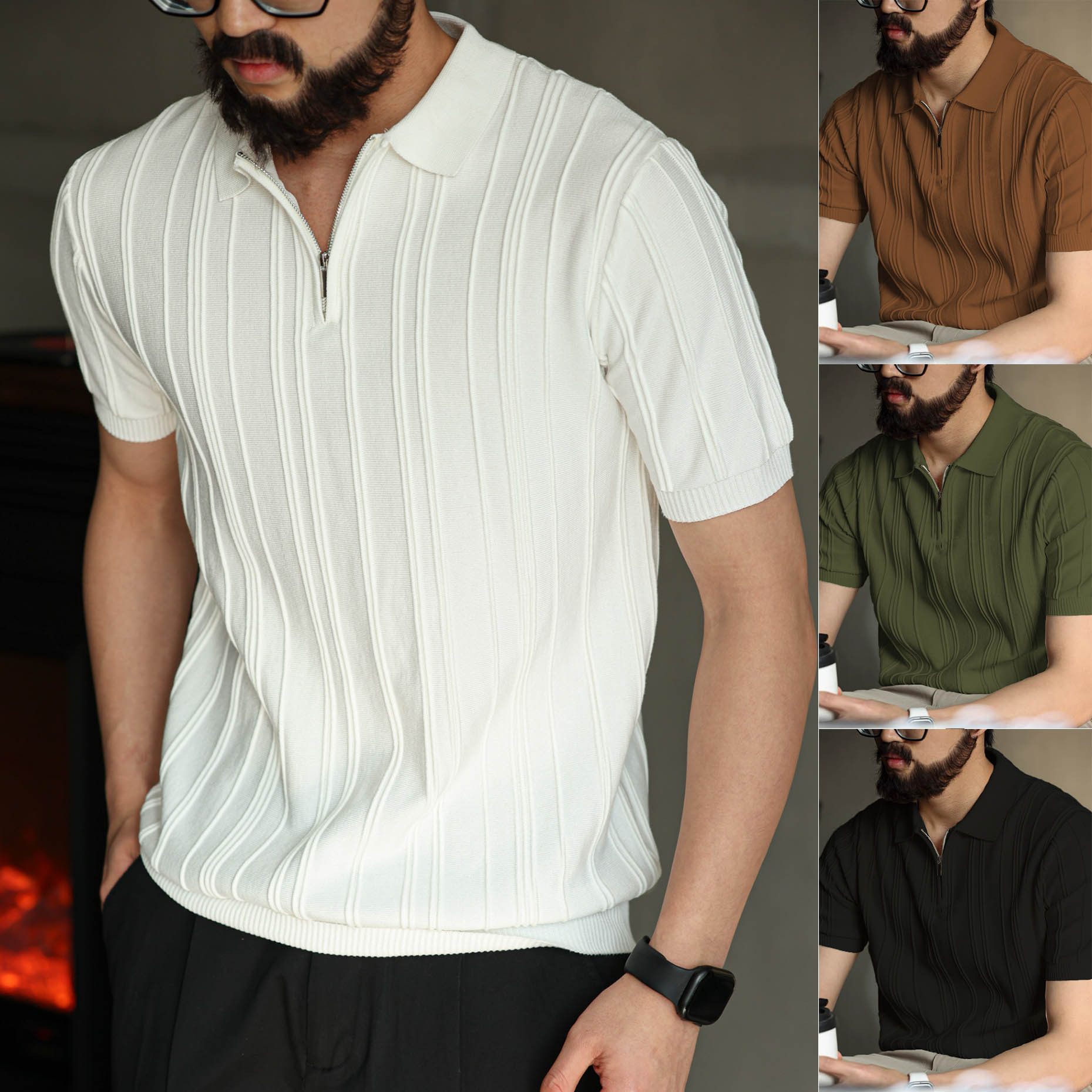 Polo camiseta de punto camiseta de manga corta hombre solapa media cremallera rayas viejas camisetas de hielo de viento de verano fábrica transfronteriza al por mayor