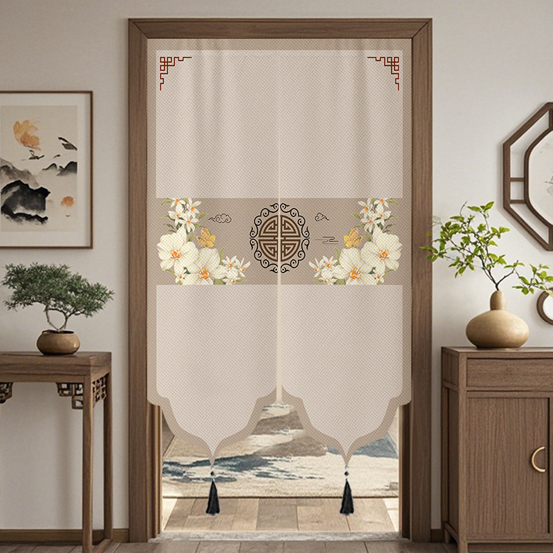 Chinese-Style Door Curtain, Chinese-Style Fabric Partition Curtain, Home Bedroom Entrance Blocking Curtain, Living Room Bathroom Half Curtain