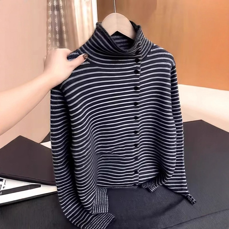 Plus-Size Women's Korean-Style Half-Turtleneck Striped Sweater Knitwear, New Autumn and Winter Style for Curvy Women, Slimming and Figure-Flattering Inner Top Plus-Size Women's Korean-Style Half-Turtleneck Striped Sweater Knitwear, New Autumn and Winter Style for Curvy Women, Slimming and Figure-Flattering Inner Top