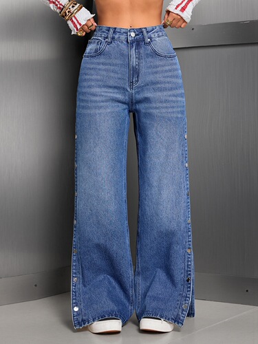 2025 New Arrival: European and American Cross-Border Women's Clothing—High-Waisted, Loose-Fit, Buttoned, Design-Details Straight-Leg Jeans
