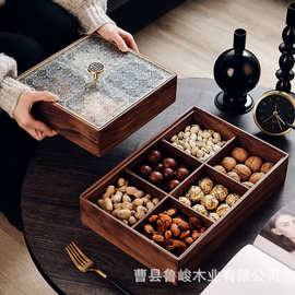 新中式木质干果盒家居亚克力盖点心糖果收纳盒实木分格小吃坚果盒