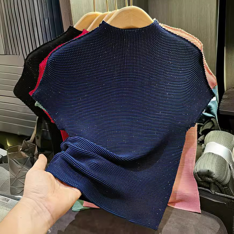New Craft Bright Powder Pleated Small Collar Corn Grain Women's T-shirt Summer Elastic Fabric Comfortable Breathable Top