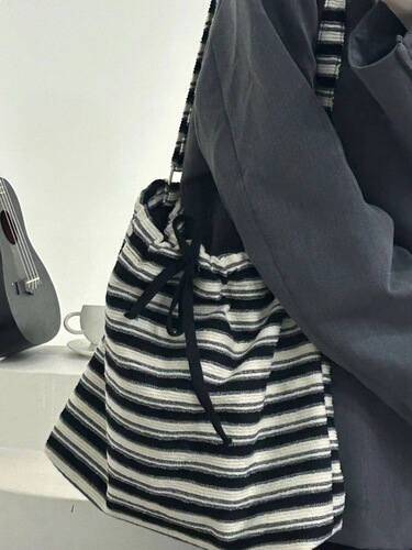 Maillard casual lazy style striped fashion canvas bag 2024 spring and autumn new knitted bag large capacity tote bag