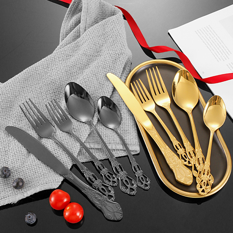 Cross-Border 410 Stainless Steel Royal Tableware Spoon and Fork Cut Out Retro Relief Royal 5-Piece Set European Steak Knife, Fork and Spoon Cross-Border 410 Stainless Steel Royal Tableware Spoon and Fork Cut Out Retro Relief Royal 5-Piece Set European Steak Knife, Fork and Spoon