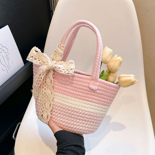 Woven portable plaid bucket bag large capacity girls bag new style women's bag shoulder bag basket bag