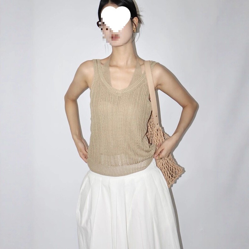 Cross-Border Old Money Style Faux Two-Piece Linen Hollow-Out Knit Halter Neck Tank Top for Women, Summer Sleeveless V-Neck Inner Wear