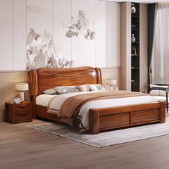 Master bedroom wedding bed solid wood bed large piece of black gold wood solid wood bed modern minimalist bed Chinese heavy storage bed double bed