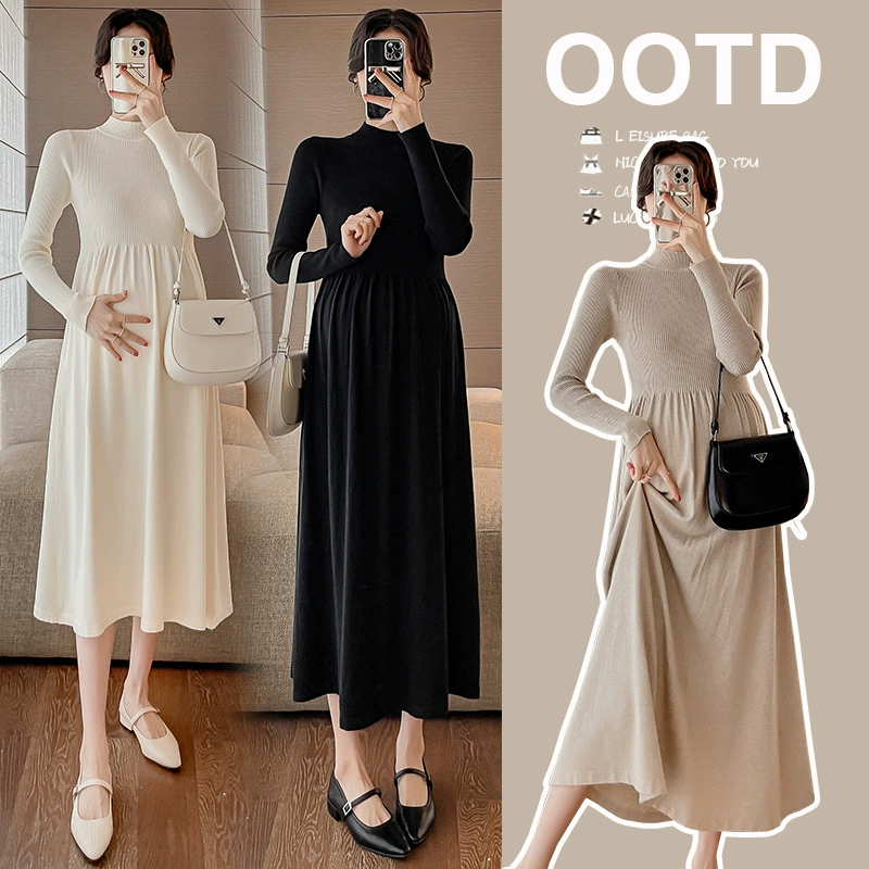 Подлинное платье для беременных осенью и зимой новая корейская версия с круглым вырезом и листьями лотоса тонкие и сплошные платья