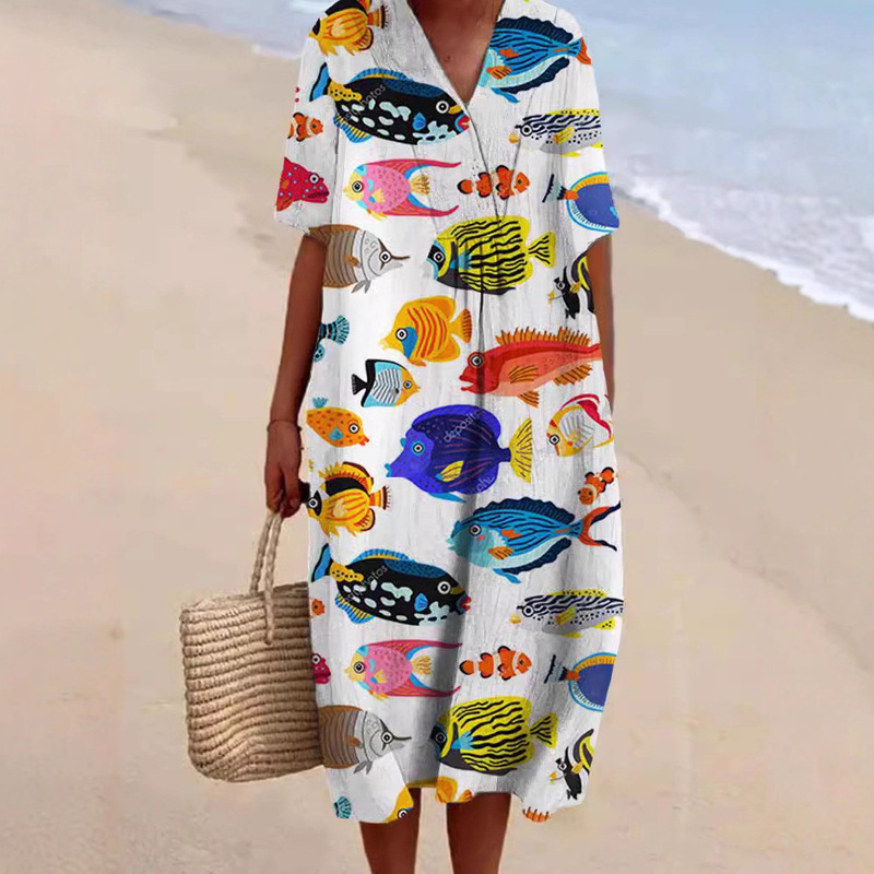 2025 Cross-Border Independent Station Shirt Dress Amazon Women's Casual Marine Life 3D Printed Sleeve Long Skirt for Women