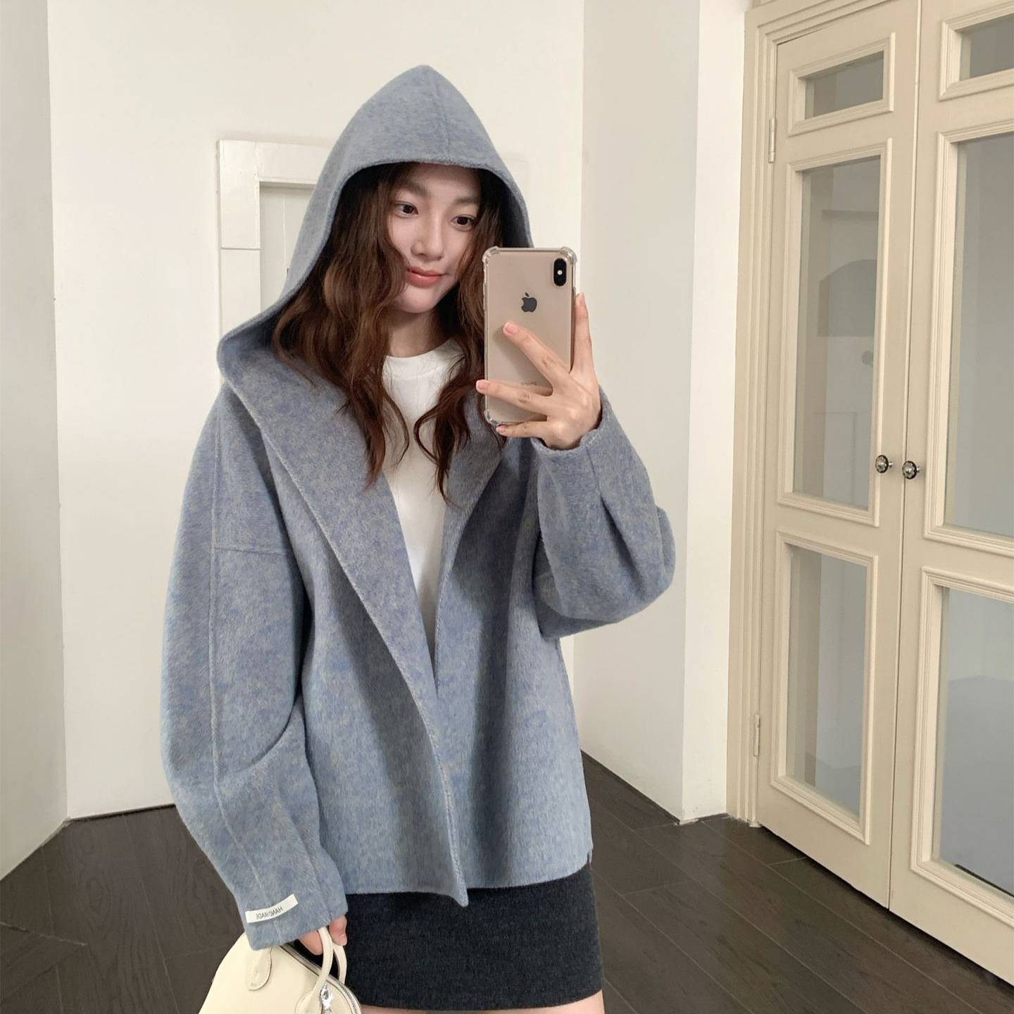 Q038 Korean Casual Designer Petite Short Hooded Woolen Outwear Women's High-End Simple Wool Outwear