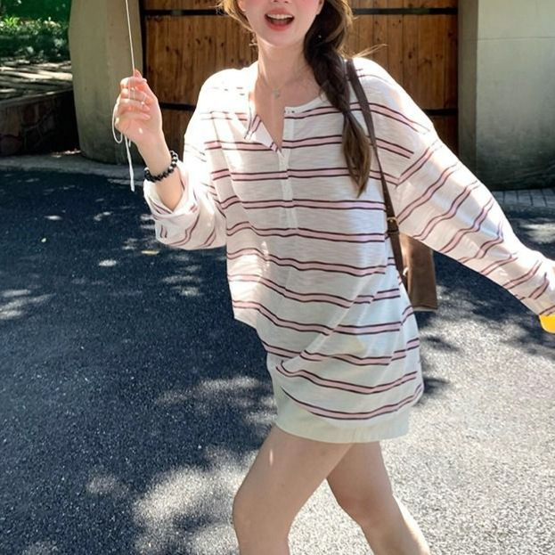 French-Style Lazy and Relaxed Dopamine Striped V-Neck Long-Sleeve T-Shirt for Women, Summer Lightweight Sun-Protective Versatile Cover-Up Top