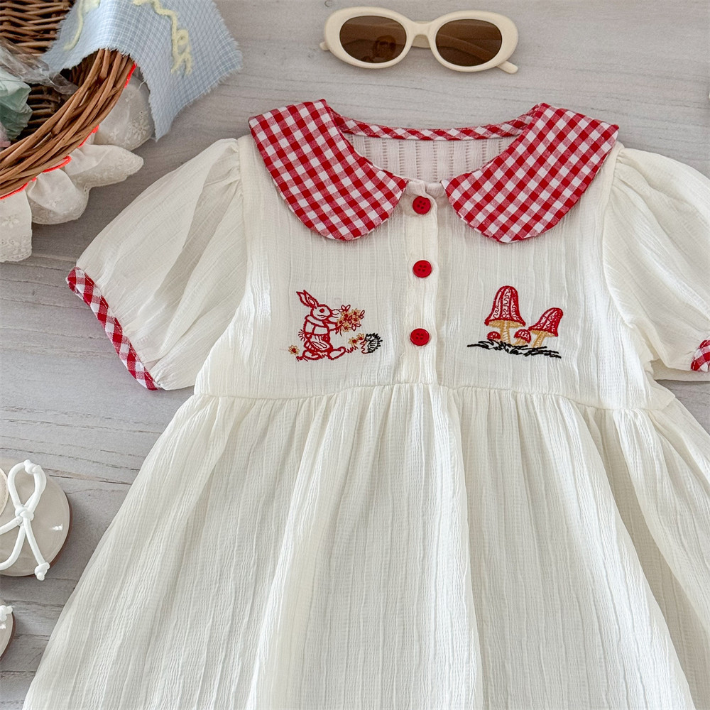 Vestido de siete niñas de limón salado nuevo verano niña bebé vestido de verano coreano con cuello de muñeca bordado falda de manga corta de conejito