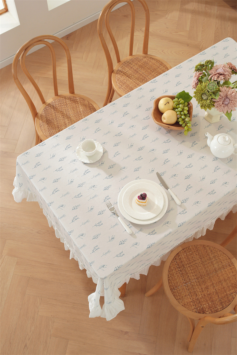 Cotton Printed Green Floral Tassel Tablecloth For Dining Table_voghion.com