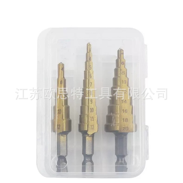 Taladro de pagoda Mango hexagonal de 3 piezas ranura recta métrica perforadora de titanio perforadora escalonada taladro escalonado de tres piezas