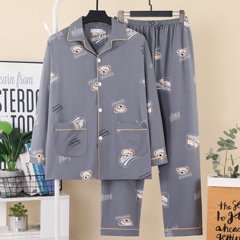 Spring and Autumn New Men's Pajamas Long-sleeved Trousers Cardigan Lapel Printed Casual Loose Home Clothes Set